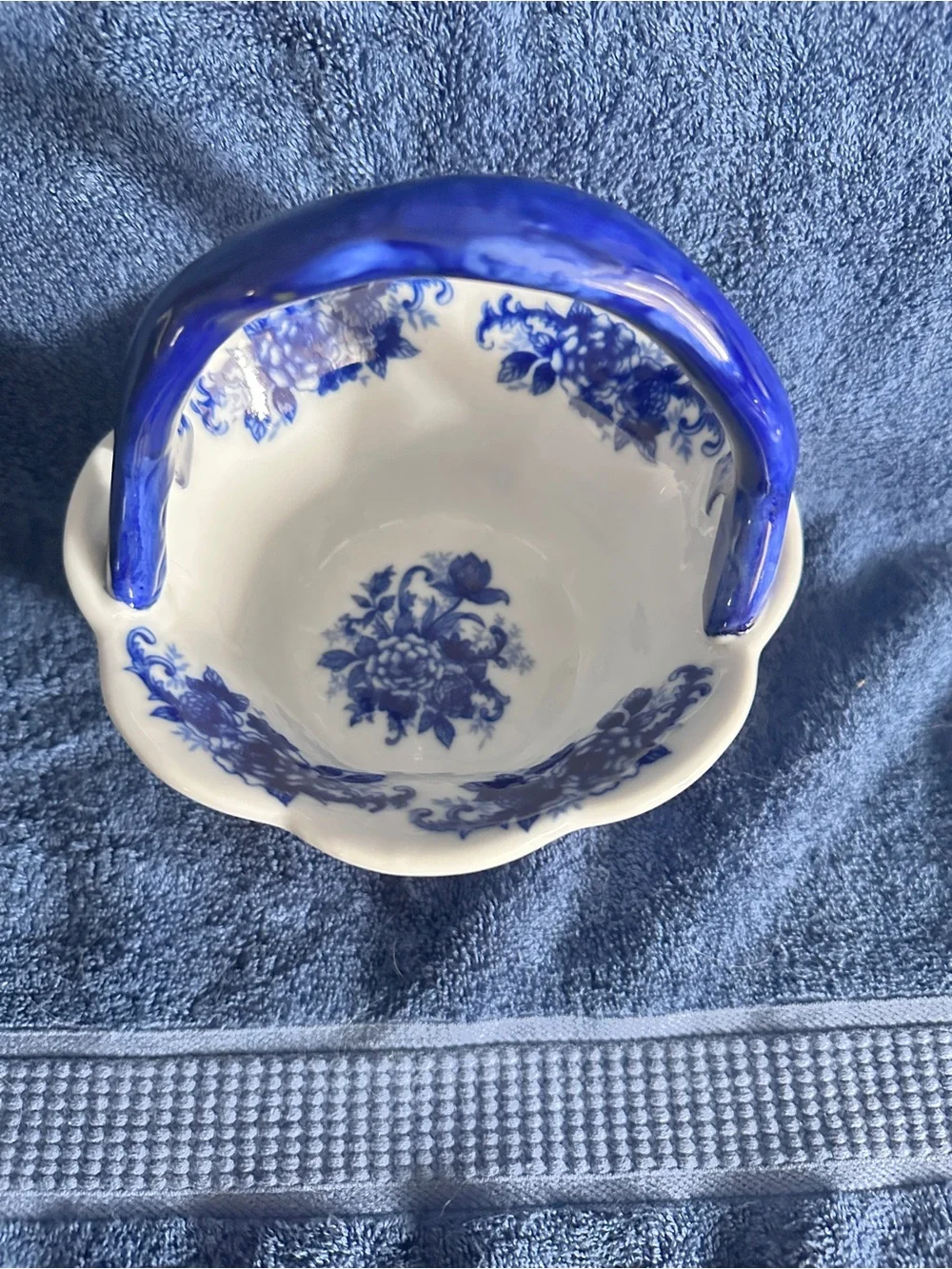 Crate&Barrel Blue and White Ceramic Basket with Floral Motif